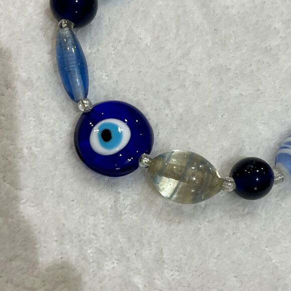 Art Glass Bead Bracelet Blue Dark Blue Evil Eye Boho Handmade Toggle Clasp - Picture 3 of 6